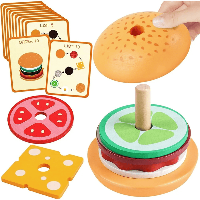 Montessori Wooden Burger Stacking Toy for Toddlers - Fine Motor & Educational Kitchen Play