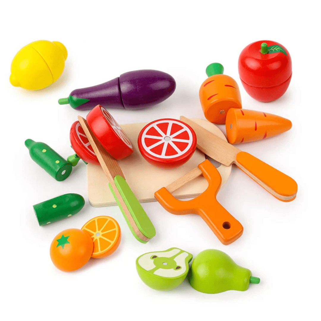 Wooden Montessori Kitchen Playset – Cutting Fruit & Veg Educational Toy for Kids