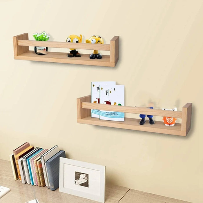 2Pcs Natural Wood Floating Wall Bookshelf for Kids - Nursery Room Shelves