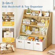 Montessori Bookshelf and Toy Organizer - Wooden Kids Bookcase with 3 Movable Drawers