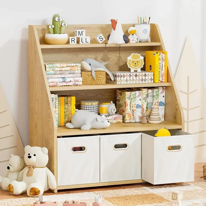 Montessori Bookshelf and Toy Organizer - Wooden Kids Bookcase with 3 Movable Drawers