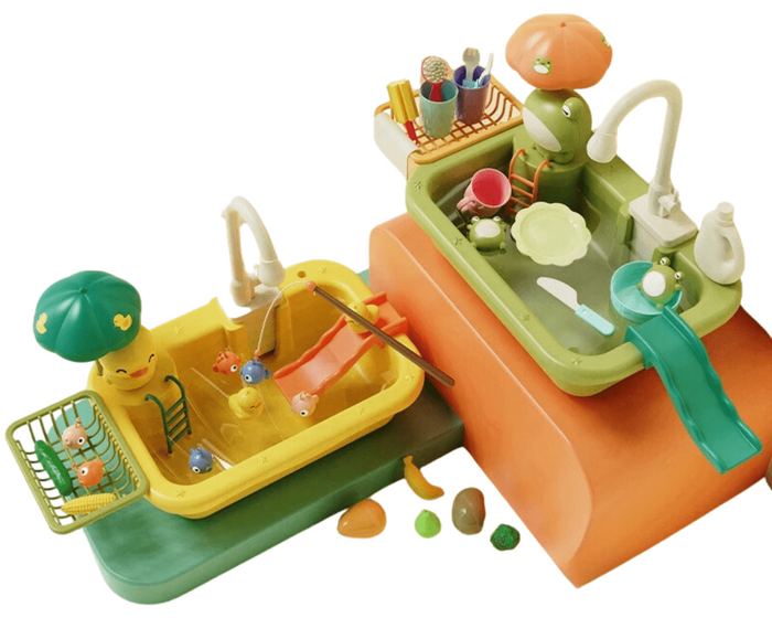 Montessori Kids Kitchen Sink Playset with Electric Dishwasher & Running Water Pretend Food